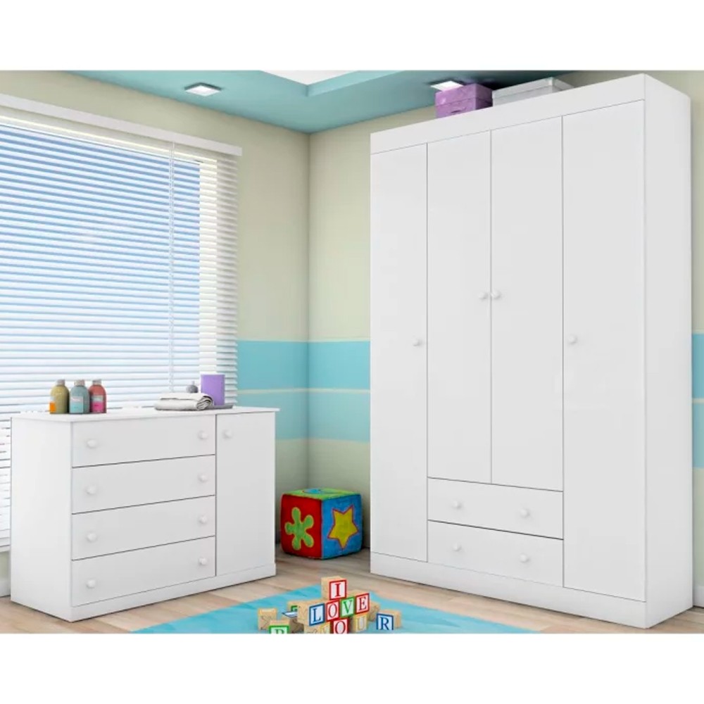 Jogo Quarto Infantil Guarda Roupa e Cômoda Helena Branco - Phoenix