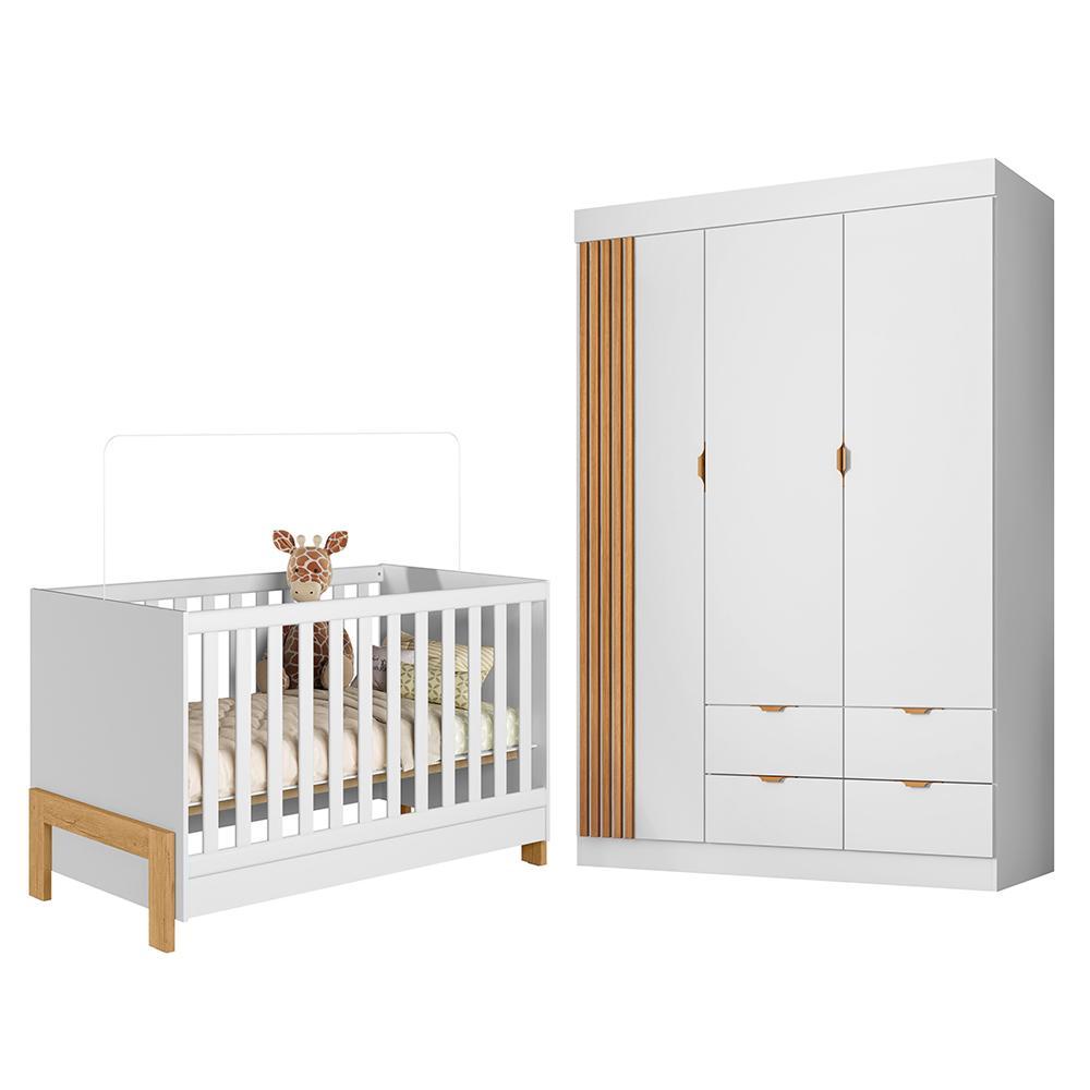 Jogo de Quarto Infantil Ayla com Guarda Roupa e Berço Branco Acetinado - Phoenix Baby