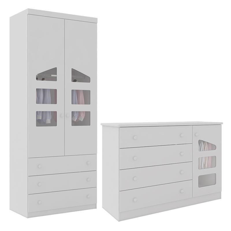 Jogo de Quarto Infantil Eloisa com Guarda Roupa 2 Portas e Cômoda Branco - Phoenix Baby