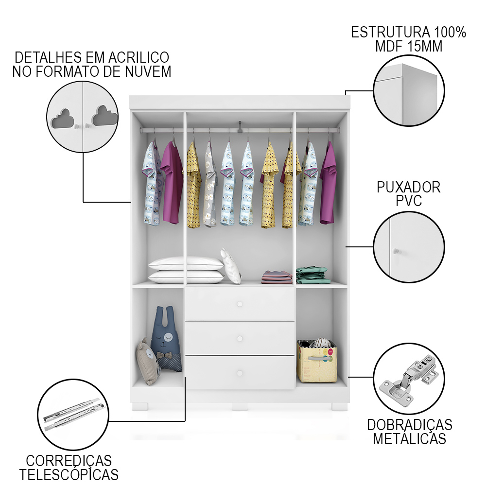 Jogo de Quarto Infantil Guarda Roupa e Cômoda Ane Branco - Phoenix