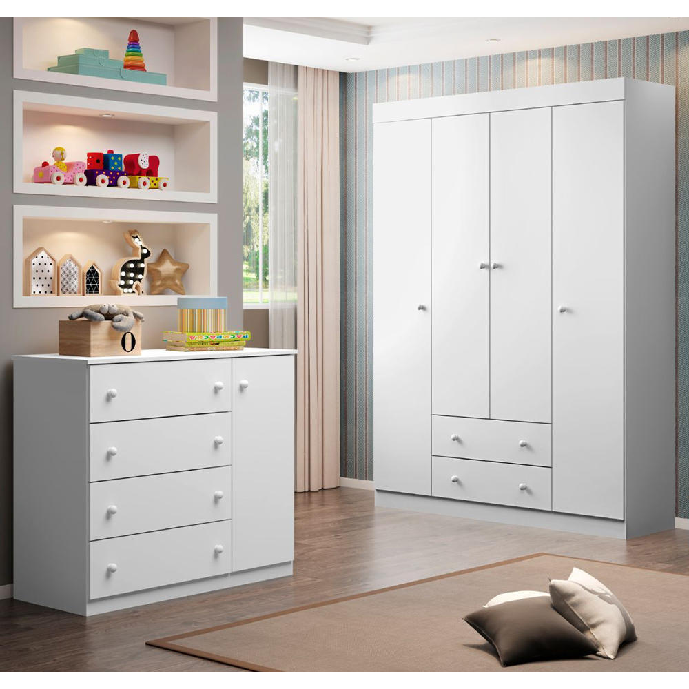 Jogo de Quarto Infantil Guarda Roupa e Cômoda Elisa Branco - Phoenix