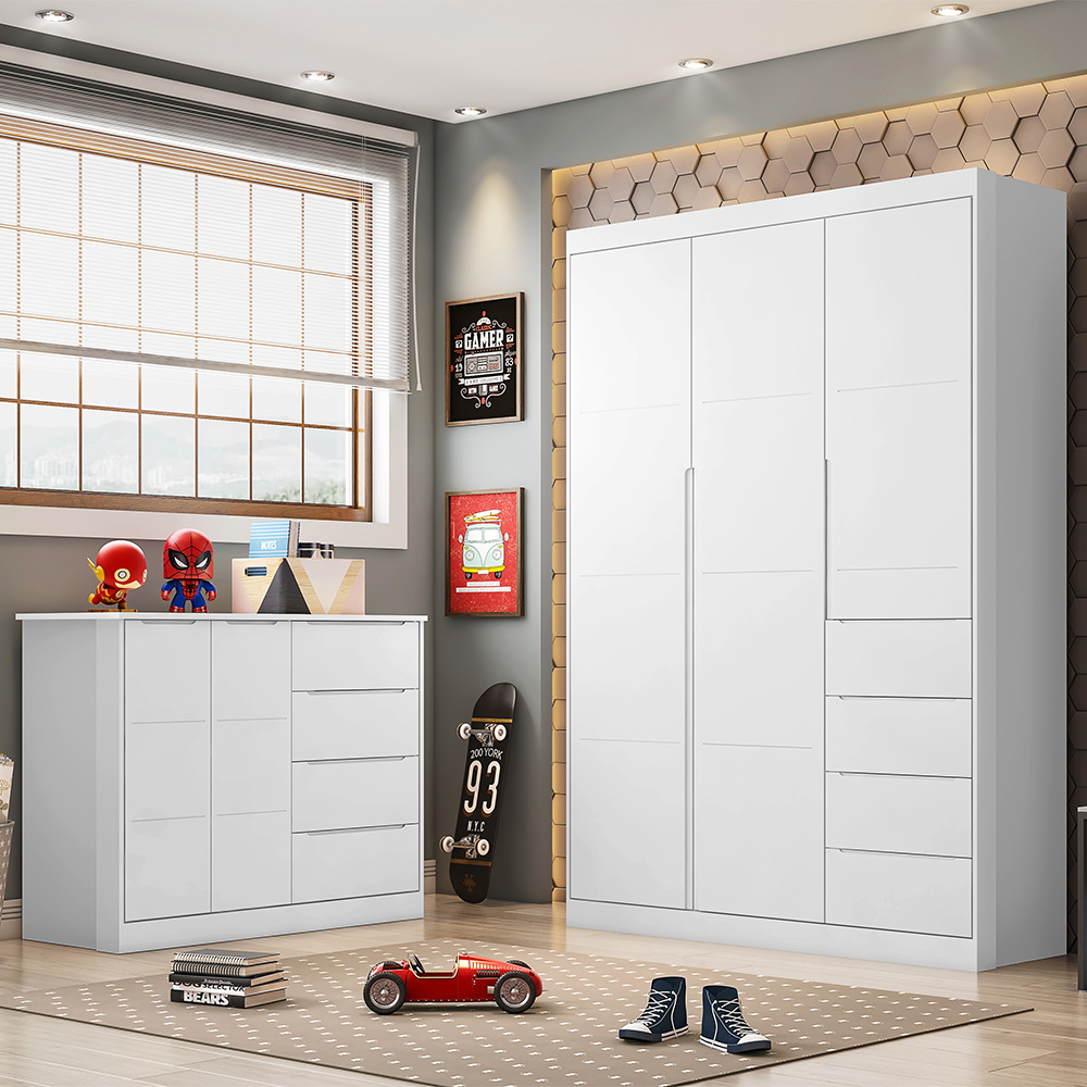 Jogo de Quarto Infantil Guarda Roupa e Cômoda Eloá Branco - Phoenix