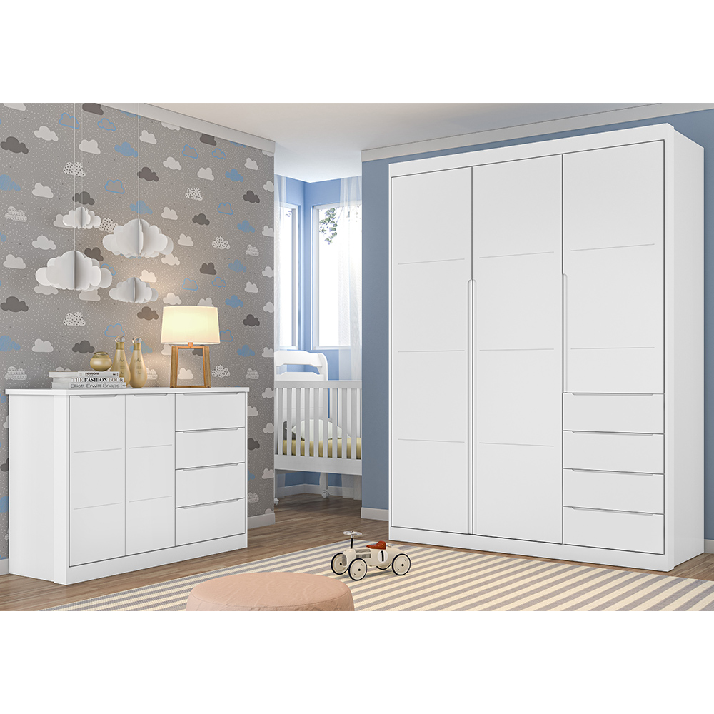 Jogo de Quarto Infantil Guarda Roupa e Cômoda Pérola Branco - Phoenix