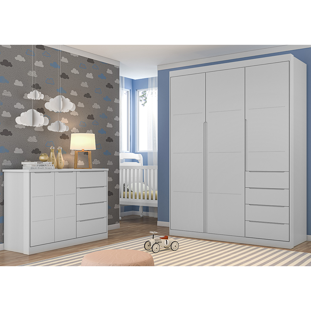 Jogo de Quarto Infantil Guarda Roupa e Cômoda Pérola Cinza - Phoenix