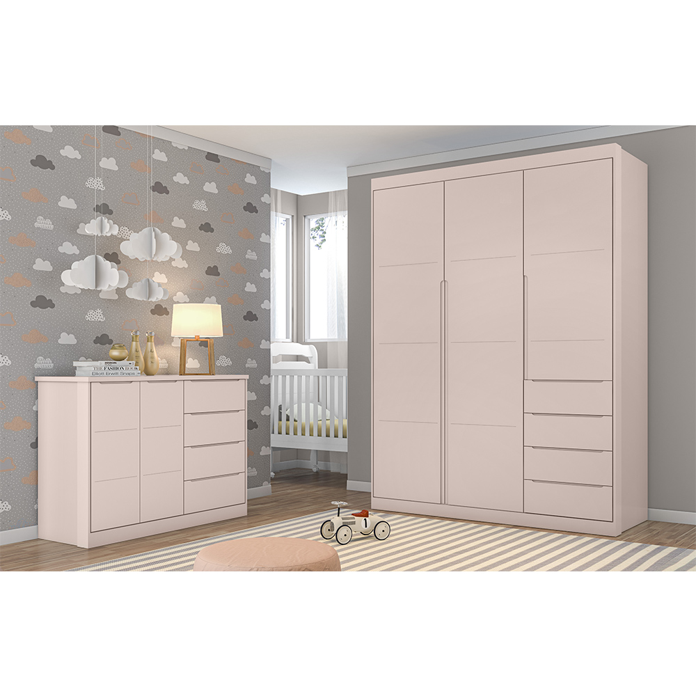 Jogo de Quarto Infantil Guarda Roupa e Cômoda Pérola Rose - Phoenix