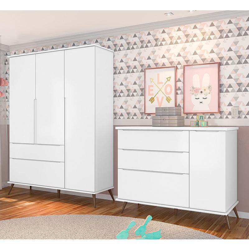 Jogo de Quarto Infantil Retrô Melinda Guarda Roupa e Cômoda com Porta Branco - Phoenix Baby