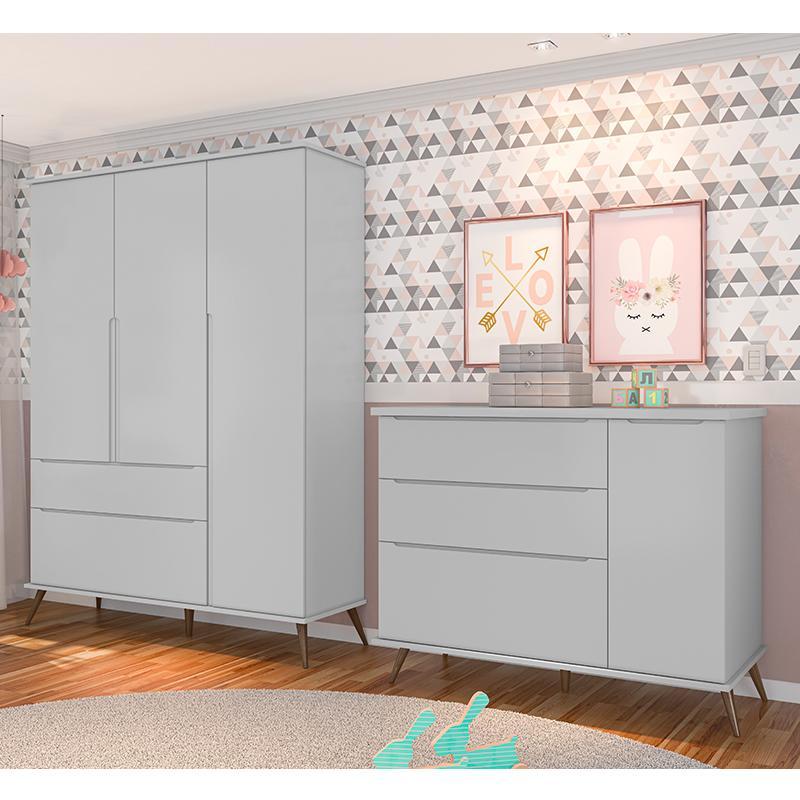 Jogo de Quarto Infantil Retrô Melinda Guarda Roupa e Cômoda com Porta Cinza - Phoenix Baby