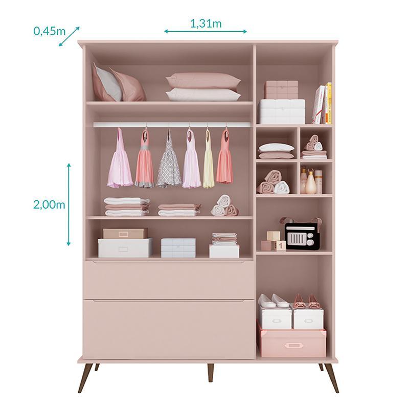 Jogo de Quarto Infantil Retrô Melinda Guarda Roupa e Cômoda com Porta Rosê - Phoenix Baby