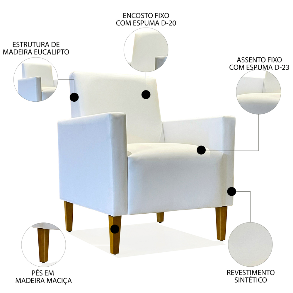 Poltrona Para Sala Pés de Madeira Kit 2 Gabi Sintético Branco - Phoenix