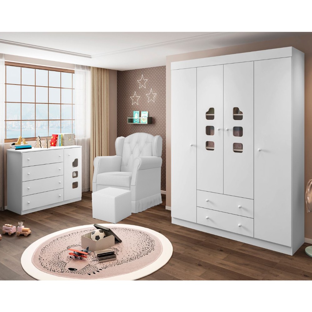 Quarto Infantil 3 Peças com Poltrona Amamentação Cecilia Sintético Branco - Phoenix