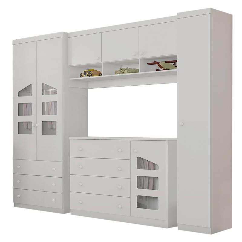 Quarto Modulado Infantil Eloisa 3 Portas, Ponte Aérea e Cômoda Branco - Phoenix Baby