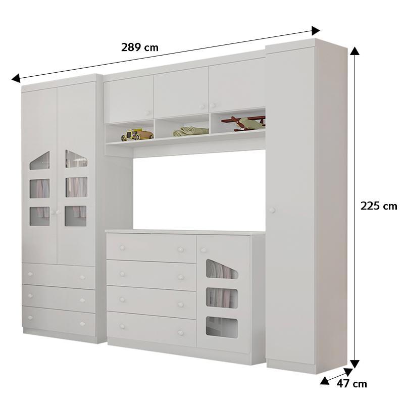 Quarto Modulado Infantil Eloisa 3 Portas, Ponte Aérea e Cômoda Branco - Phoenix Baby