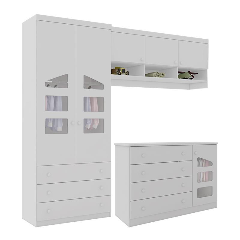 Quarto Modulado Infantil Eloisa Guarda Roupa 2 Portas, Ponte Aérea e Cômoda Branco - Phoenix Baby