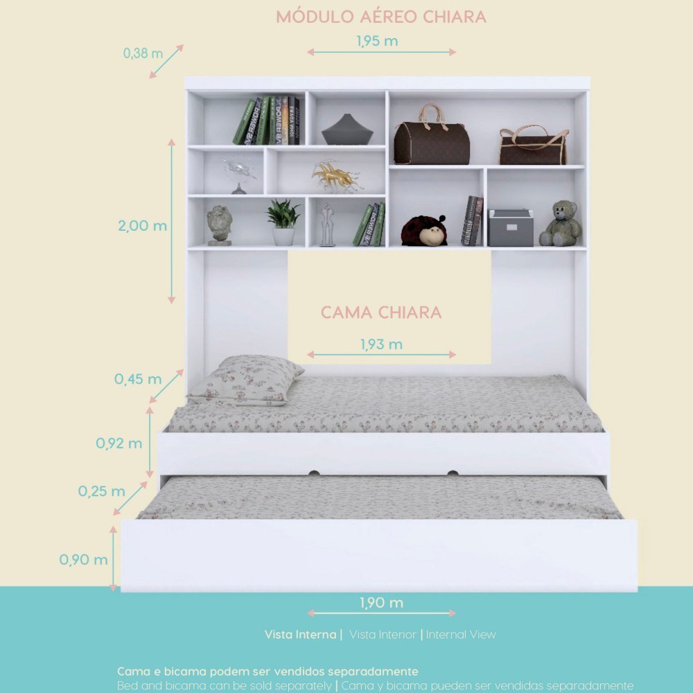 Quarto Infantil Chiara Guarda Roupa Aéreo 2 Portas e Cama com Auxiliar Branco - Phoenix