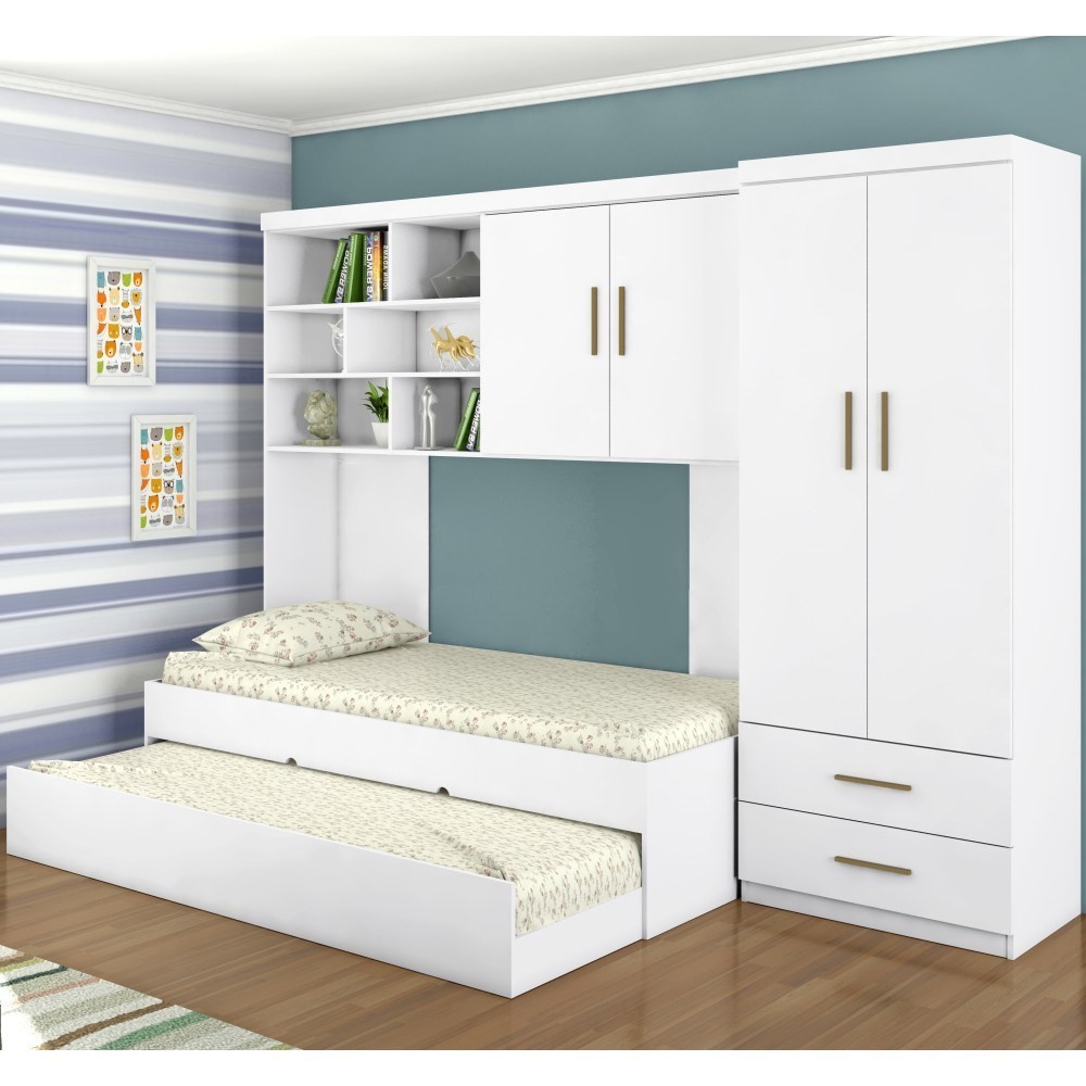 Quarto Infantil Chiara Guarda Roupa e Aéreo 2 Portas com Cama e Auxiliar Branco - Phoenix