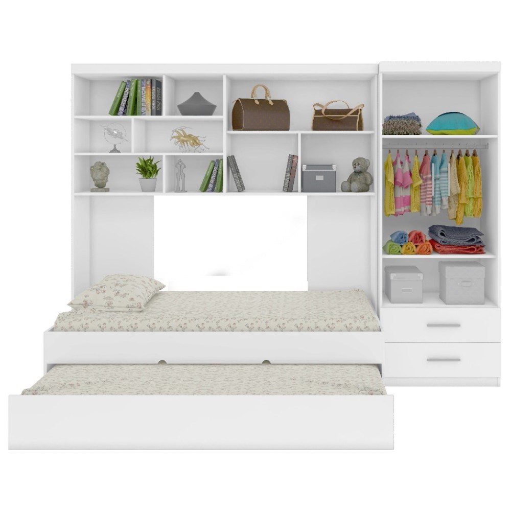 Quarto Infantil Chiara Guarda Roupa e Aéreo 2 Portas com Cama e Auxiliar Branco - Phoenix