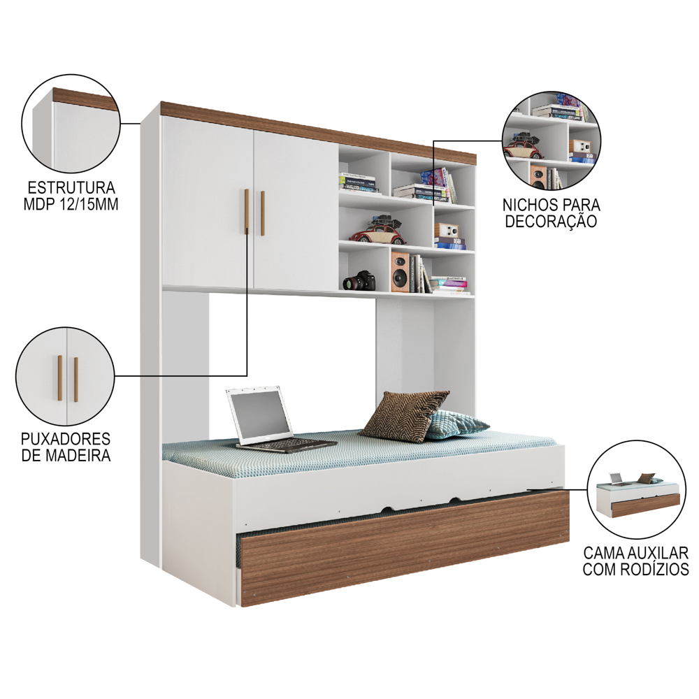 Quarto Infantil Modulado 2 Portas Com Bicama Chiara Carvalho/Branco - Phoenix