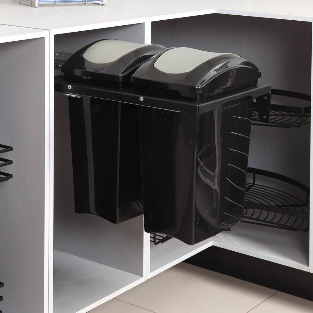 Lixeira Dupla Deslizante 15L Flat Cozinha Aço Pintado Preto
