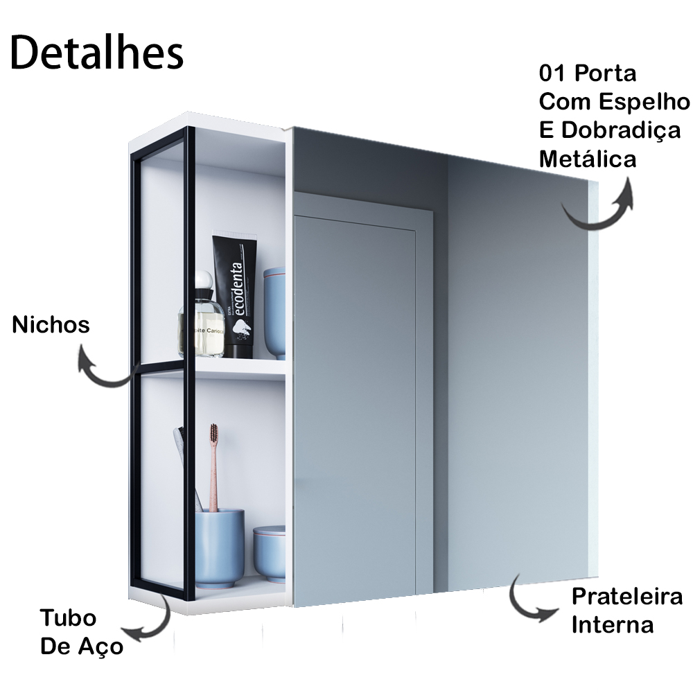 Armario Para Banheiro 60 cm Com Espelho Preto Branco P1015 PP