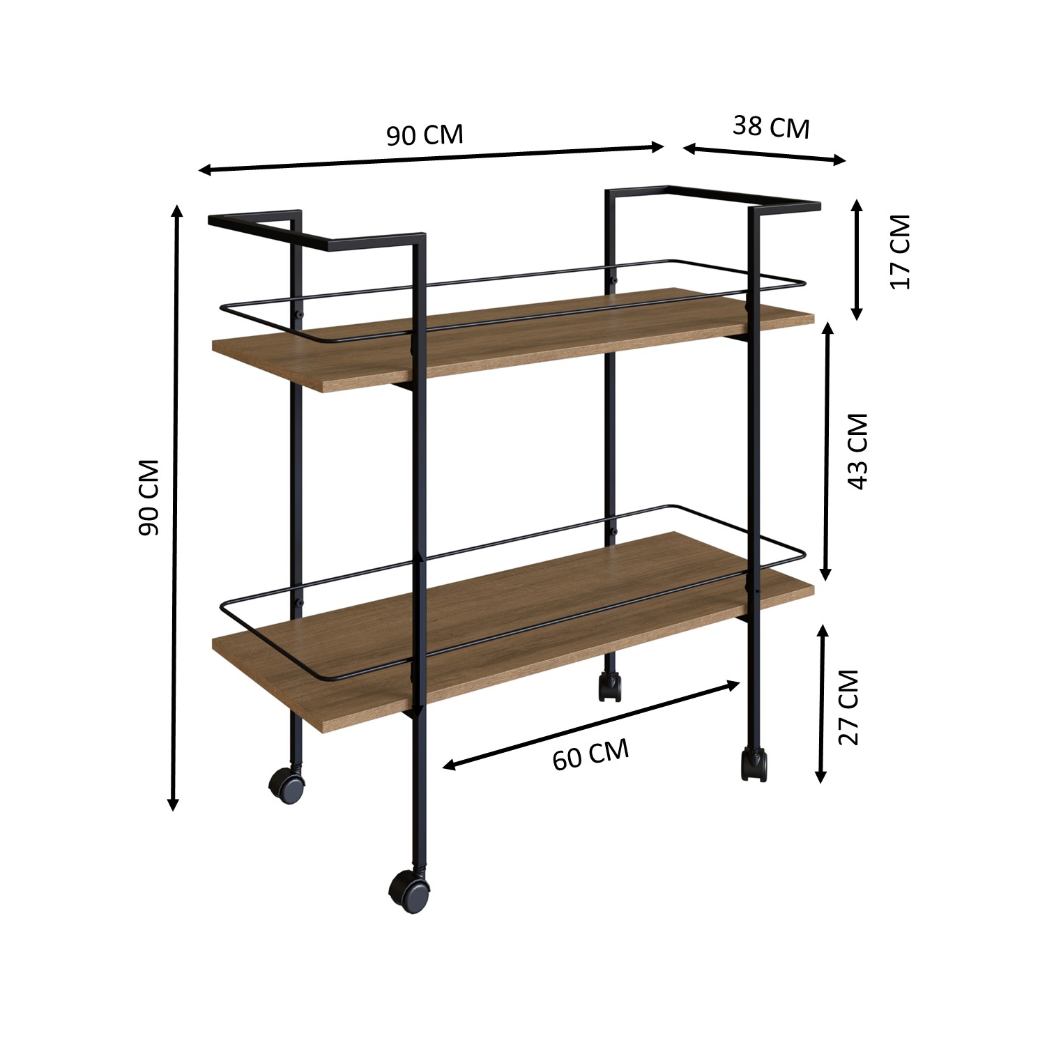 Carrinho Bar Industrial Com Rodizios P1036 Mell Preto PP Milani Store