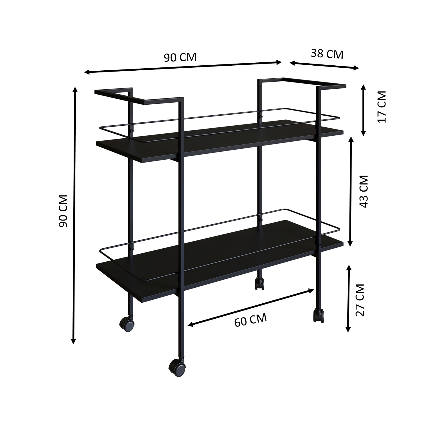 Carrinho Bar Industrial Com Rodizios P1036 Preto PP Milani Store