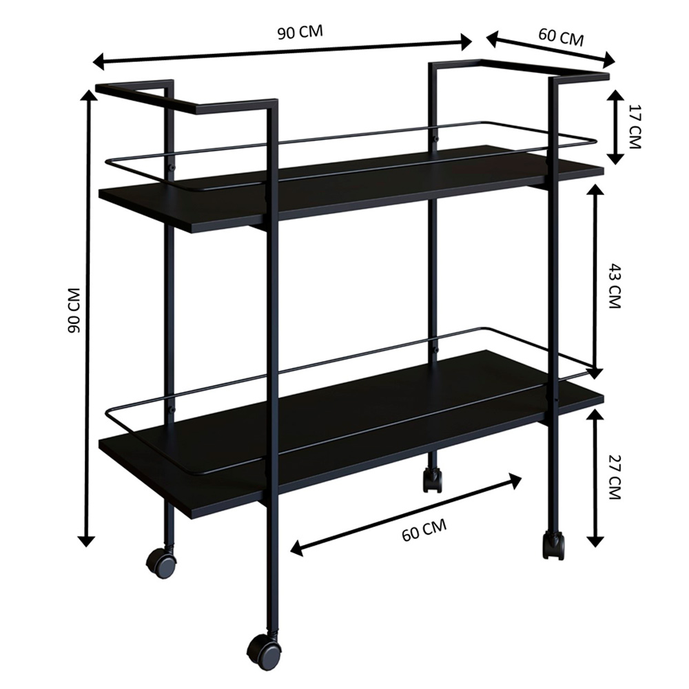 Carrinho Bar Industrial Com Rodizios P1036 Preto PP Milani Store