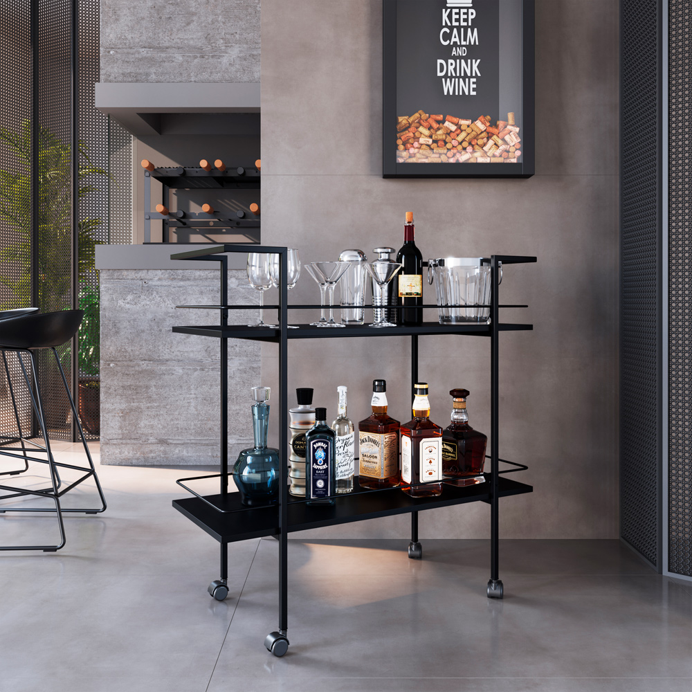 Carrinho Bar Industrial Com Rodizios P1036 Preto PP Milani Store