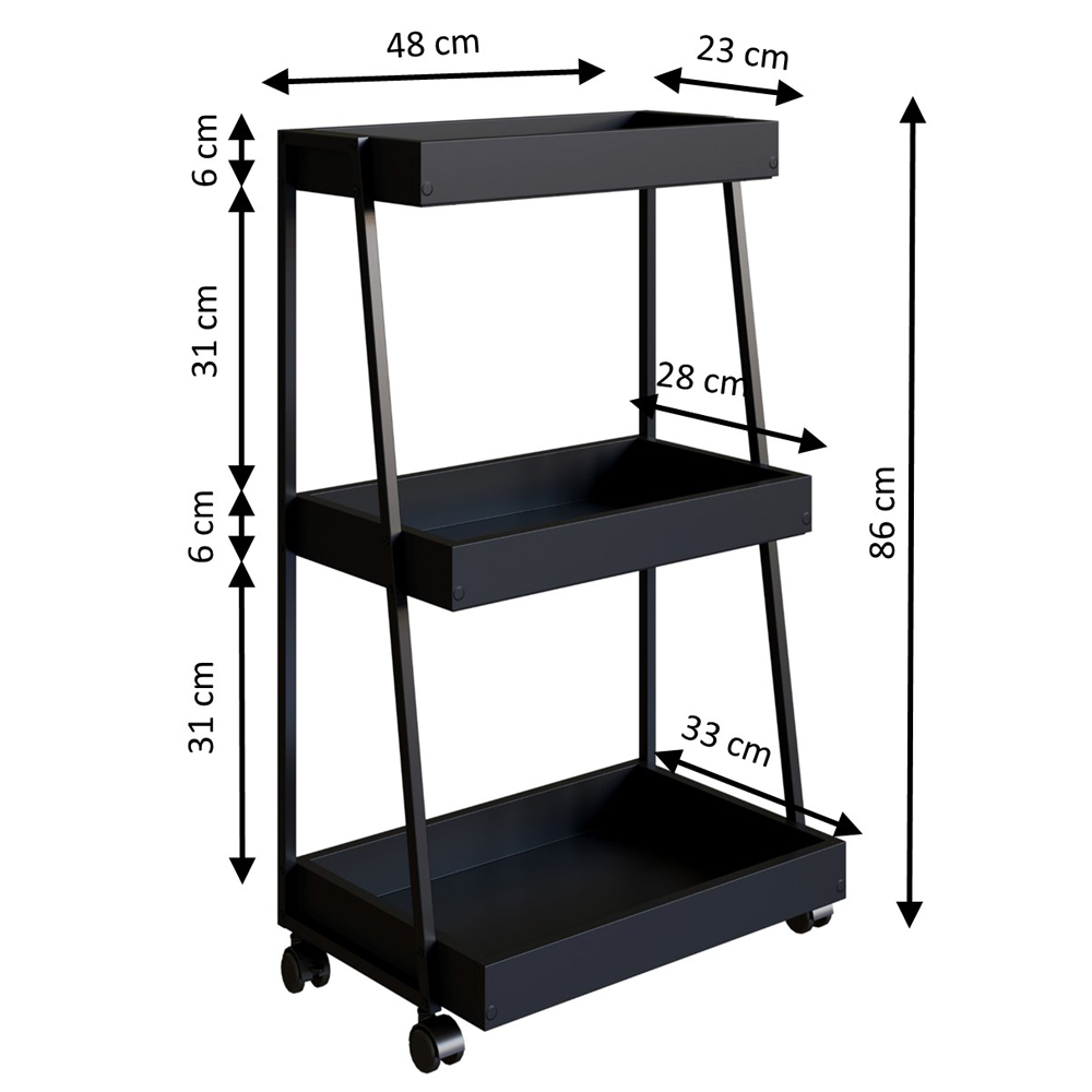 Carrinho Organizador Multiuso 03 Prateleiras P1032 Preto PP Milani Store