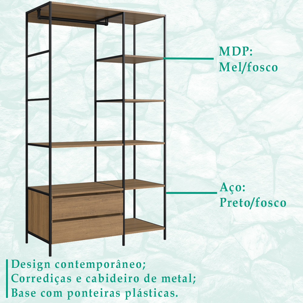 Closet Roupeiro Industrial 02 Gvt 180 Cm P1025 Mell Preto PP