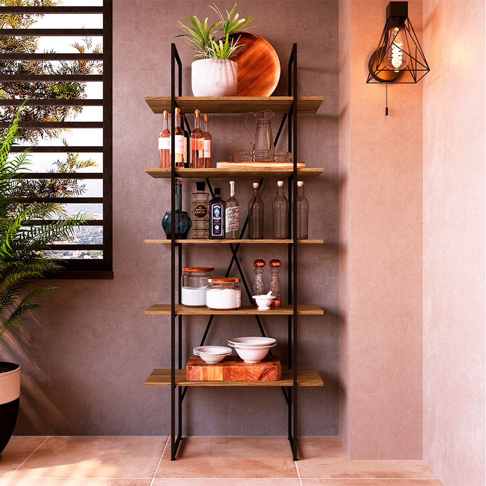 Conjunto de Escrivaninha com Estante Steel Wood Noce Oro e Preto 186 cm