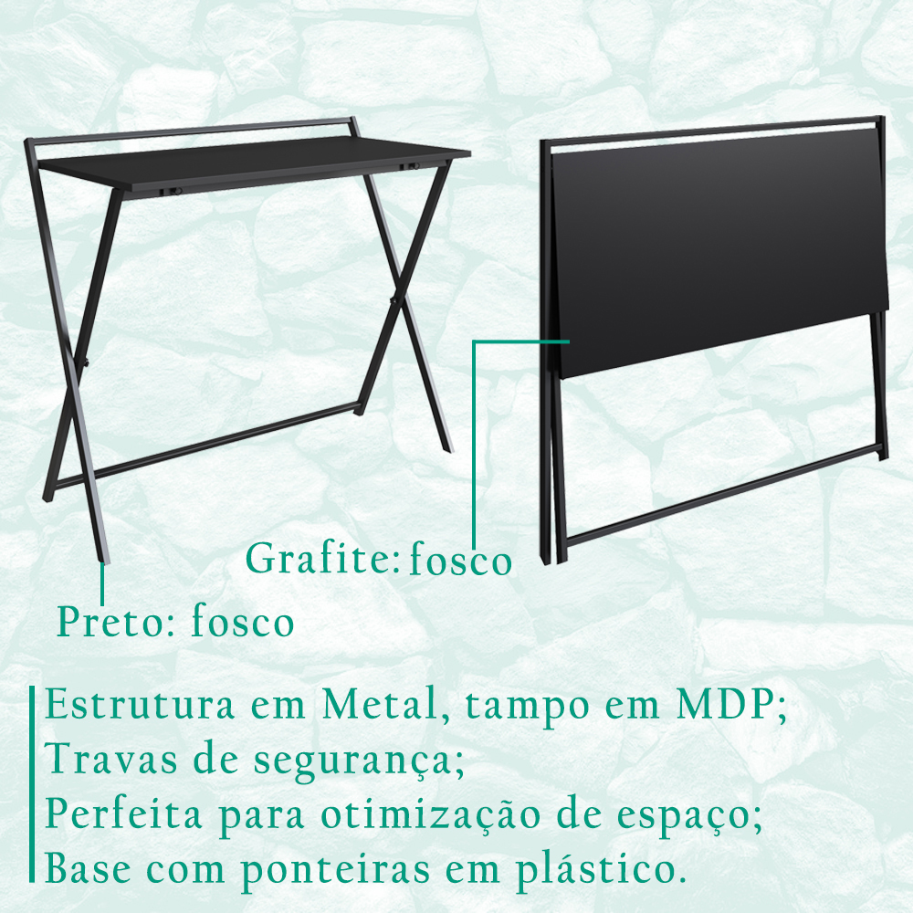 Escrivaninha Dobravel Estilo Industrial P1022 Preto Grafite PP