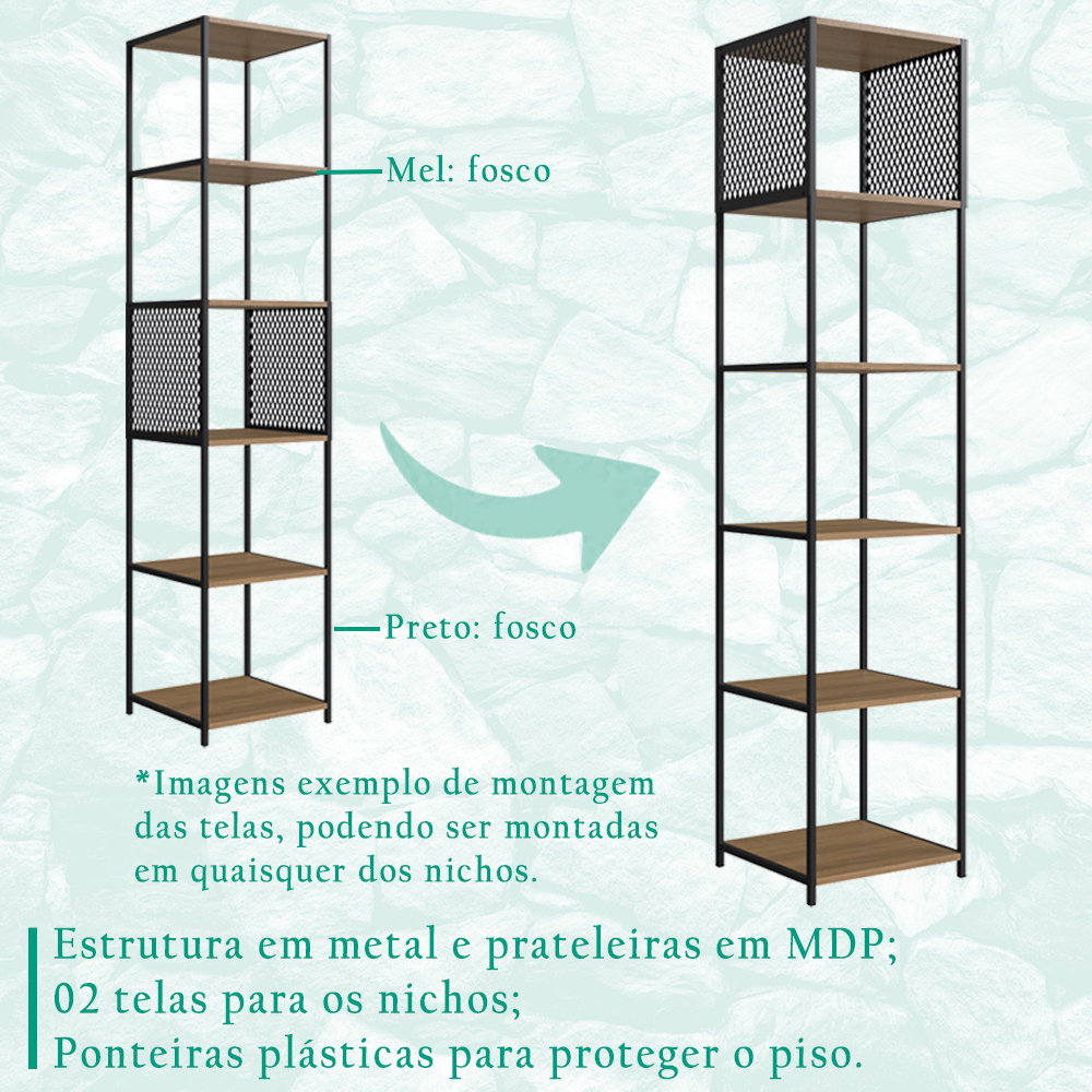 Estante 180 Cm Estilo Industrial Com Tela P1023 Preto Mell PP