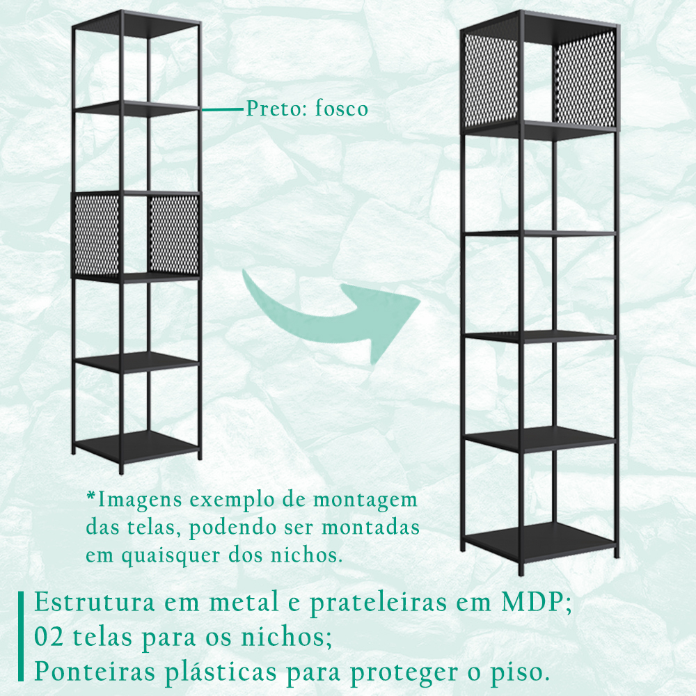 Estante 180 Cm Estilo Industrial Com Tela P1023 Preto PP