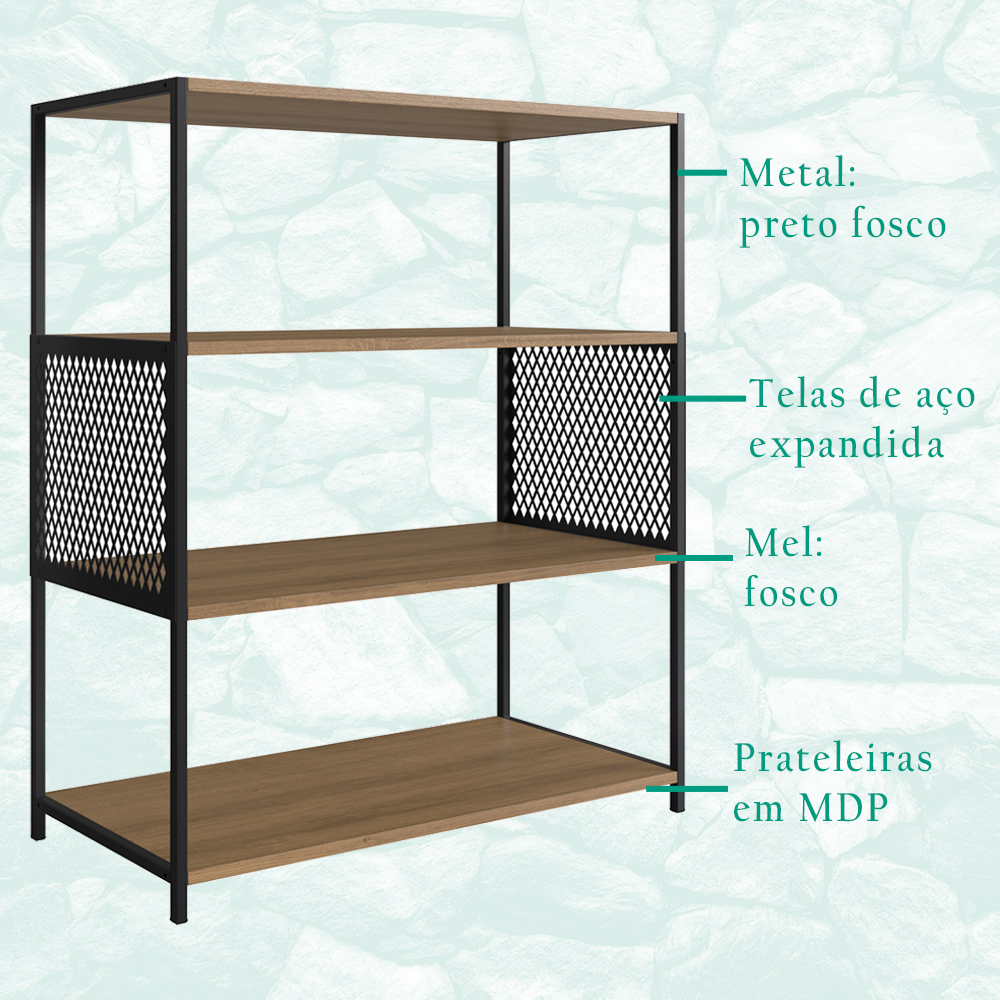 Estante Estilo Industrial 94 Cm Com Tela P1024 Preto Mell PP