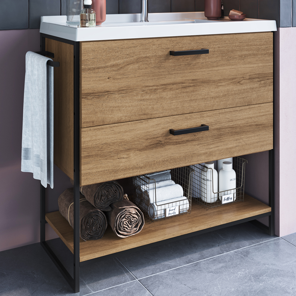 Gabinete Banheiro 80 cm Com Lavatorio Marmorite P1008 Preto Mell PP