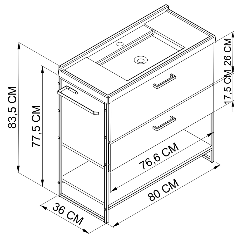 Gabinete Banheiro 80 cm Com Lavatorio Marmorite P1008 Preto Mell PP