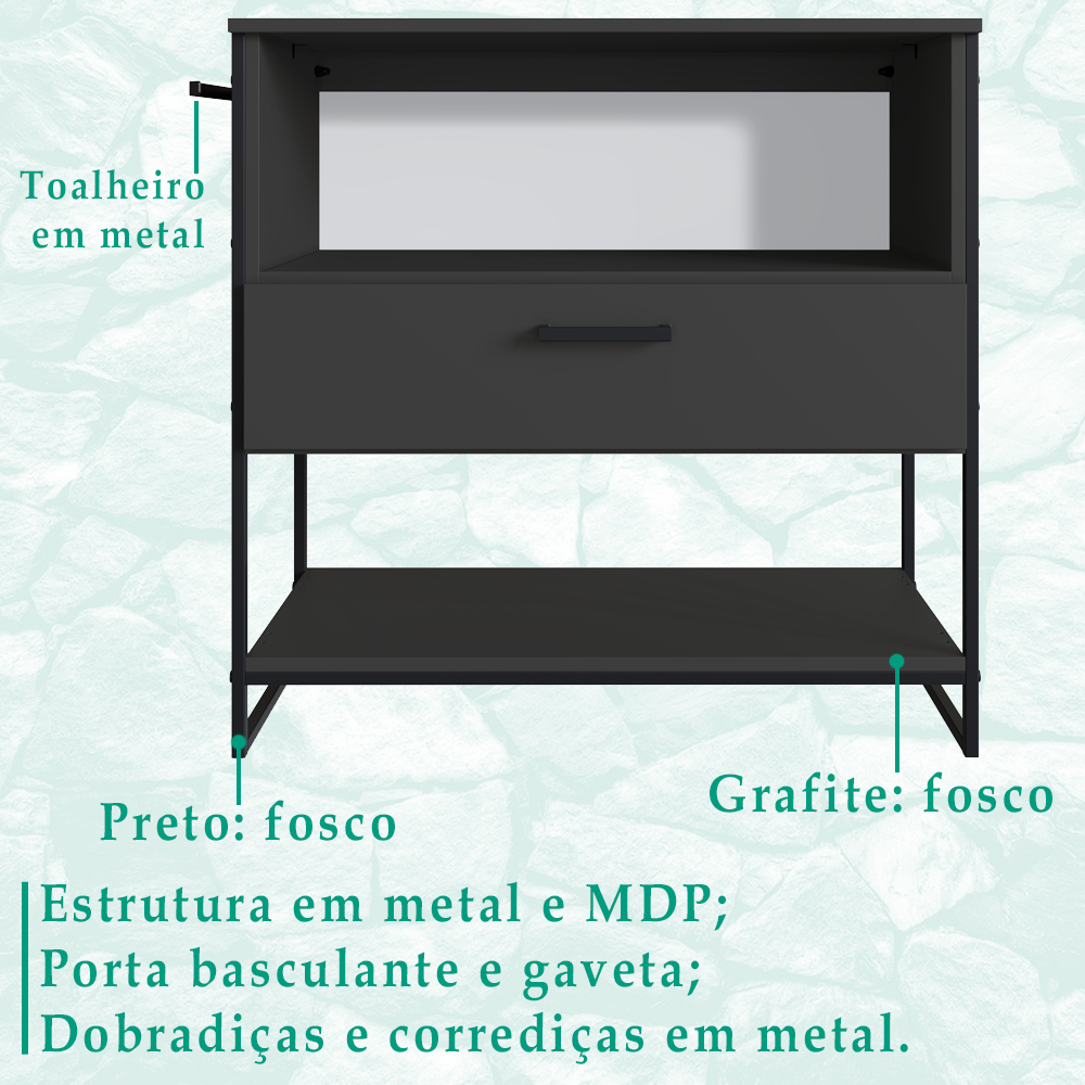 Gabinete Banheiro Industrial 80 CM 1028 Grafite Aço Preto PP