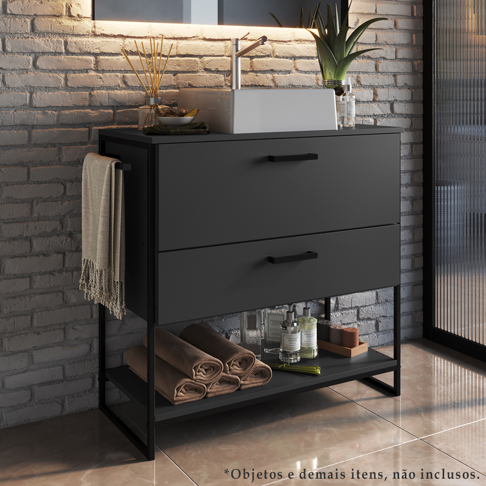 Gabinete Banheiro Industrial 80 CM 1028 Grafite Aço Preto PP