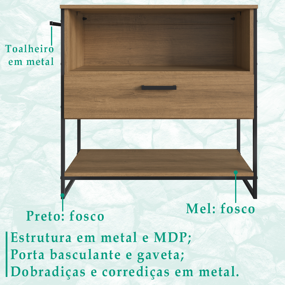Gabinete Banheiro Industrial 80 CM 1028 Mell Aço Preto PP