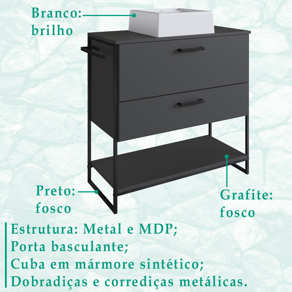 Gabinete E Cuba Banheiro Industrial 80 CM PT Gav 1028X94101 Grafite Branco PP