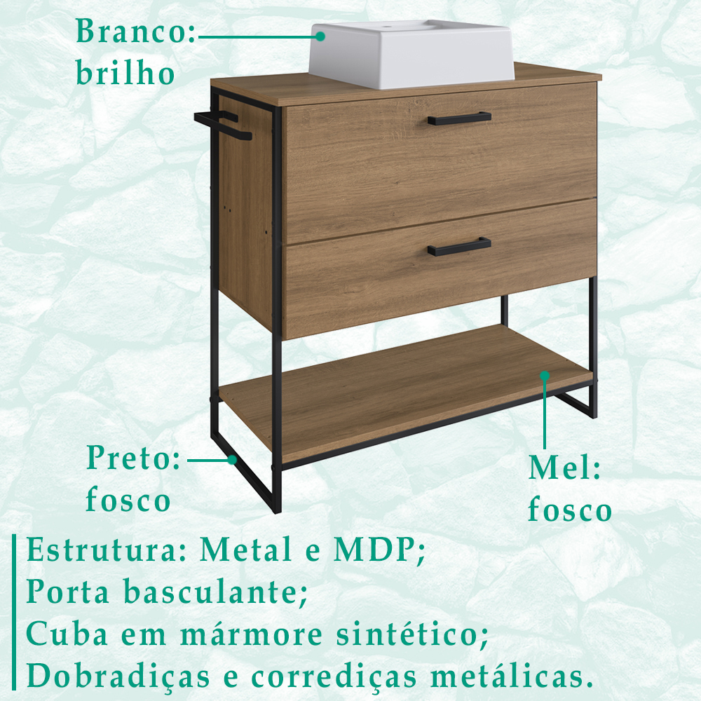 Gabinete E Cuba Banheiro Industrial 80 CM PT Gav 1028X94101 Mell Branco PP