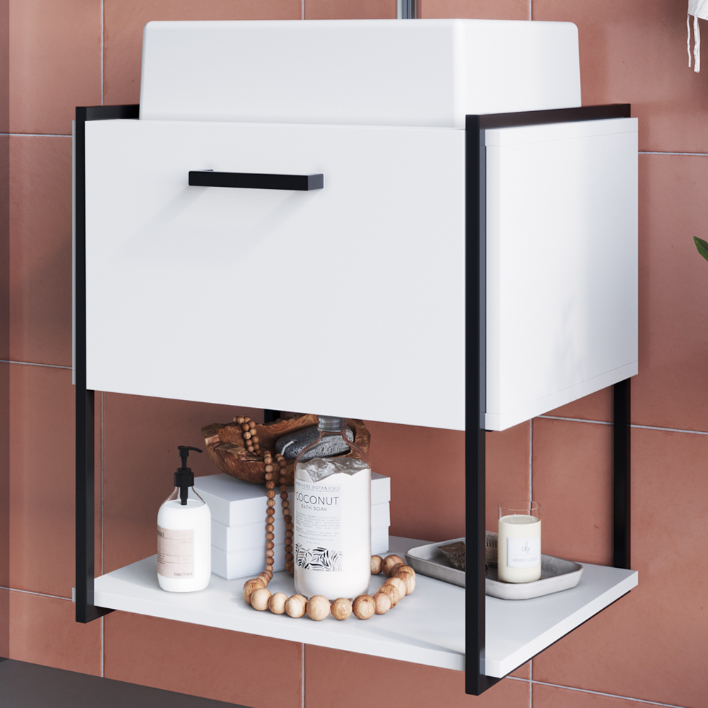 Gabinete Susp Banheiro 50 cm Com Cuba Preto Branco P1009 PP