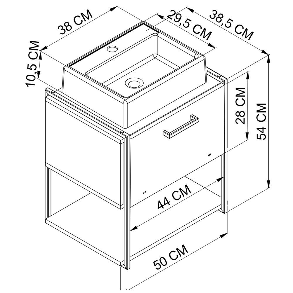 Gabinete Susp Banheiro 50 cm Com Cuba Preto Branco P1009 PP