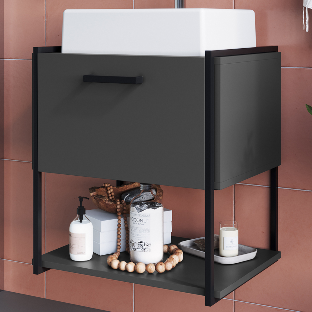 Gabinete Susp Banheiro 50 cm Com Cuba Preto Grafite P1009 PP