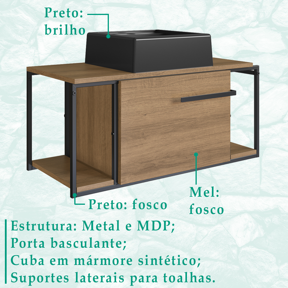 Gabinete Susp E Cuba Marmore Sintetico P1019X94101 Mell Preto PP