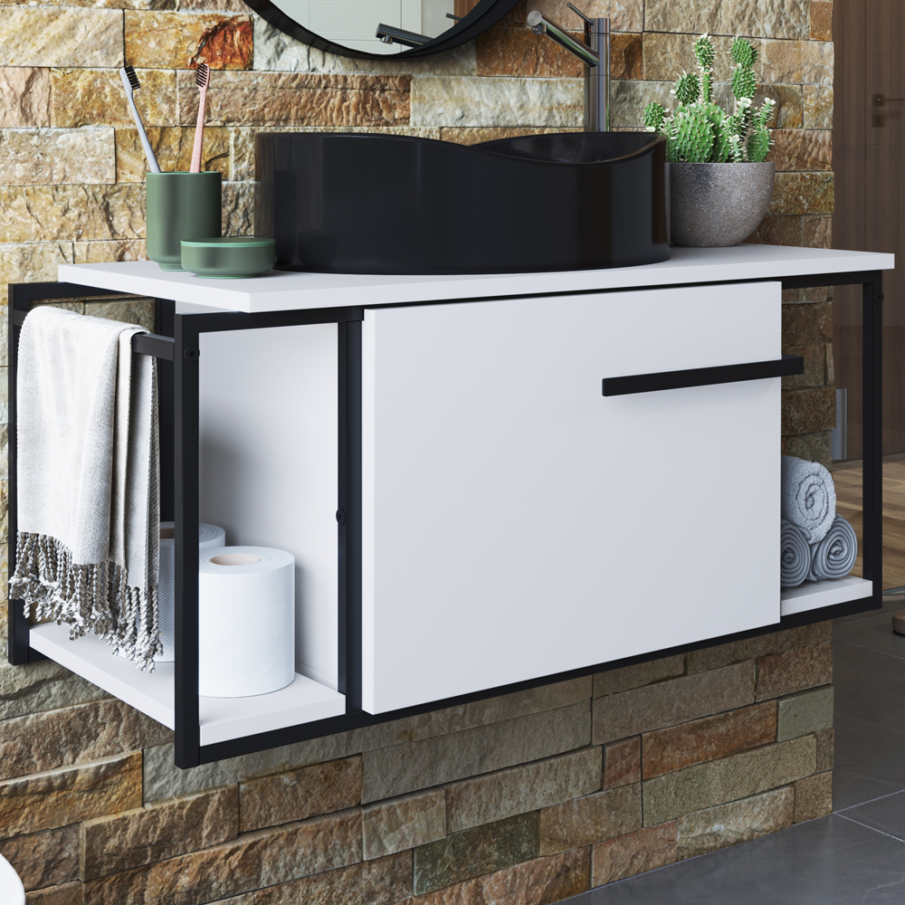 Gabinete Susp E Cuba Marmore Sintetico P1019X941012 Branco Preto PP