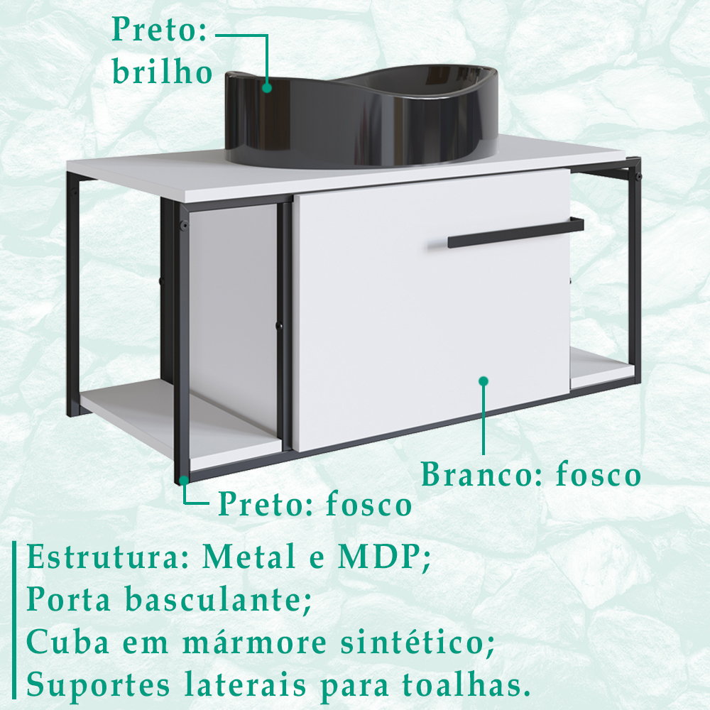 Gabinete Susp E Cuba Marmore Sintetico P1019X941012 Branco Preto PP