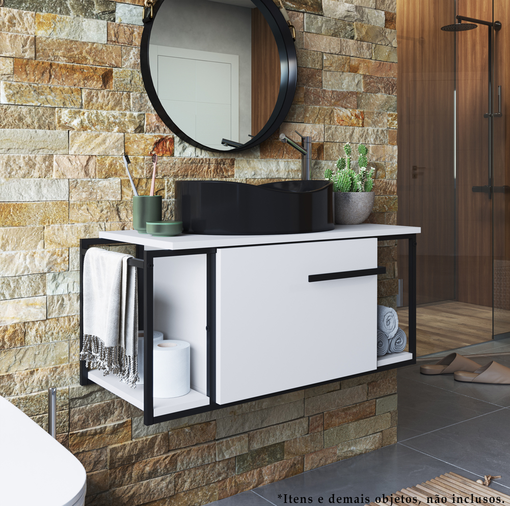 Gabinete Susp E Cuba Marmore Sintetico P1019X941012 Branco Preto PP