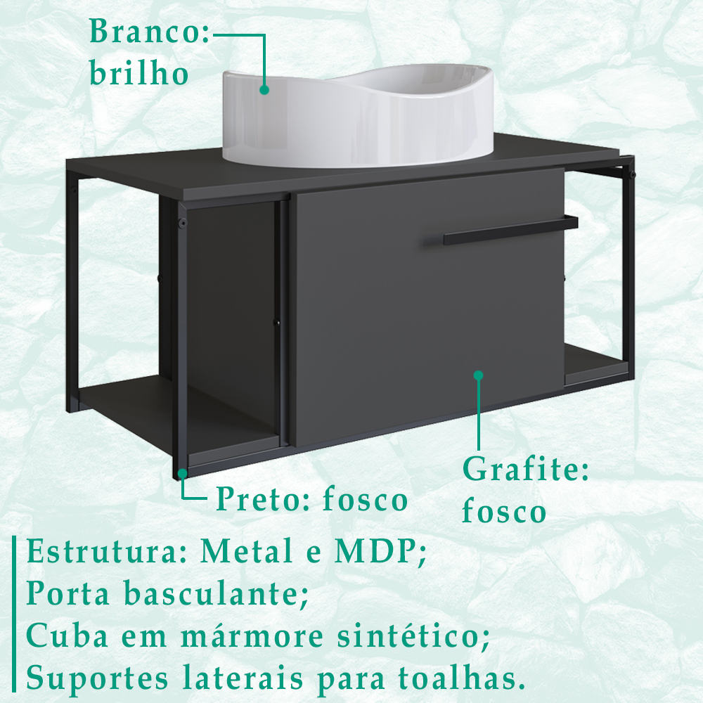 Gabinete Susp E Cuba Marmore Sintetico P1019X941012 Grafite Branco PP