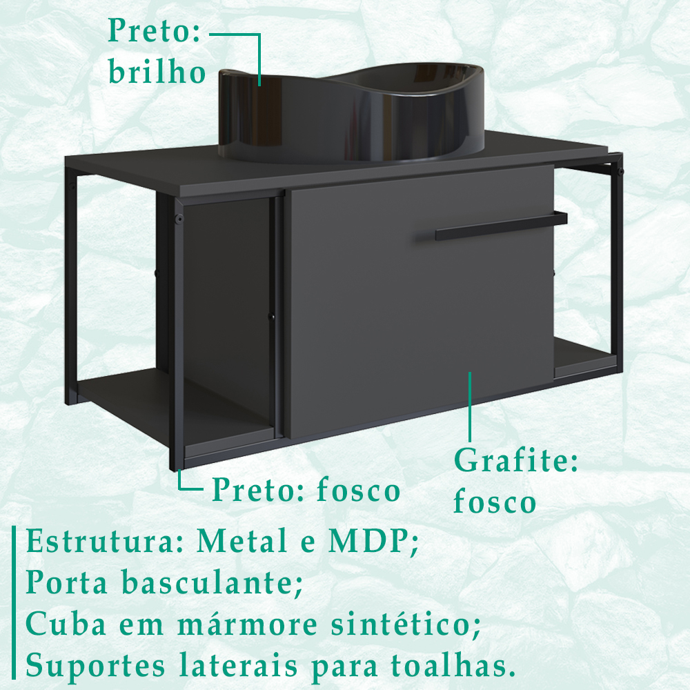 Gabinete Susp E Cuba Marmore Sintetico P1019X941012 Grafite Preto PP